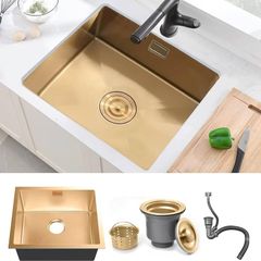 Stainless Steel Kitchen Sink, 50X45CM Small Sink, BoomHoze Undermount Single Bowl Outdoor Campervan with Silencer Pad, Drainer Fittings, Drop in Flushmount or Topmount Installation, Gold