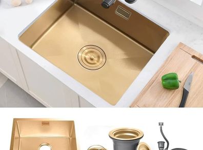 Stainless Steel Kitchen Sink, 50X45CM Small Sink, BoomHoze Undermount Single Bowl Outdoor Campervan with Silencer Pad, Drainer Fittings, Drop in Flushmount or Topmount Installation, Gold
