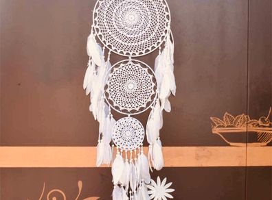 Extra Large Boho Dream Catcher with 3 Circles, White Feather Macrame Wall Hanging (110cm x 35cm)