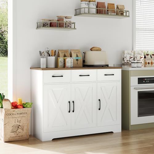 Sideboard, Kitchen Cabinet with 3 Drawers and 3 Doors for Kitchen, Buffet Cabinet with Worktop for Dining Room, Living Room, Wood, White & Brown