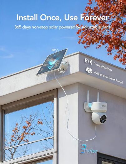 GNCC Solar Security Camera Outdoor Wireless 1080P/2MP CCTV Camera Systems, 360 PTZ Battery Powered Outdoor Camera, PIR Motion Detection, Colour Night Vision, 2-Way Audio, 2.4 GHz Wi-Fi Only