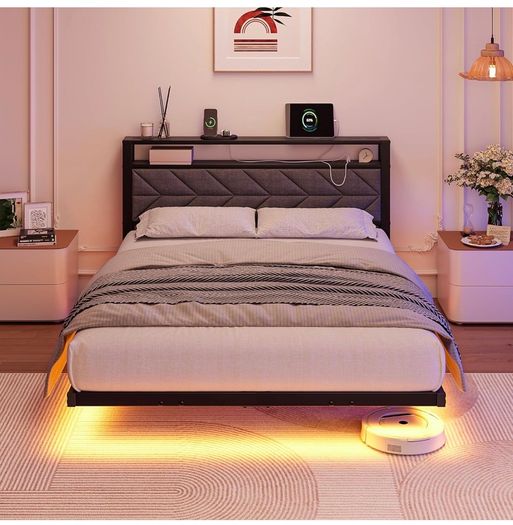 4ft6 Upholstered Floating Double Bed Frame Black, Storage Headboard Metal Bed Frame with LED Lights and Charging Station, Heavy Duty Metal Slat Support, Noise Free, No Box Spring Needed