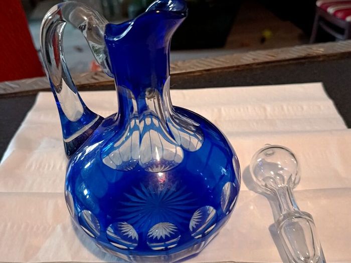 Blue hand cut crystal jug with stopper