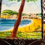 Hand painted tile from Palamos, Playa La Fosca La Fosca beach in Palamos, Costa Brava, Spain. heled in black costirorn holder Image 4