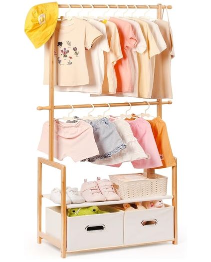 Children's Clothes Rack, with 2 Storage Boxes and 2 Adjustable Hanging Rails, Clothes Rail & Shelf, Children's Room, Children Wardrobe, for Baby Girls Boys Natural Colour