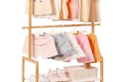 Children's Clothes Rack, with 2 Storage Boxes and 2 Adjustable Hanging Rails, Clothes Rail &amp; Shelf, Children's Room, Children Wardrobe, for Baby Girls Boys Natural Colour