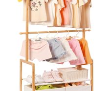 Children's Clothes Rack, with 2 Storage Boxes and 2 Adjustable Hanging Rails, Clothes Rail & Shelf, Children's Room, Children Wardrobe, for Baby Girls Boys Natural Colour