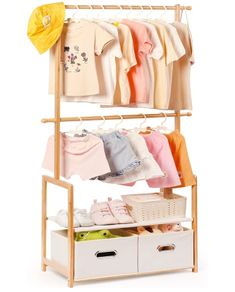 Children's Clothes Rack, with 2 Storage Boxes and 2 Adjustable Hanging Rails, Clothes Rail & Shelf, Children's Room, Children Wardrobe, for Baby Girls Boys Natural Colour