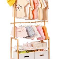 Children's Clothes Rack, with 2 Storage Boxes and 2 Adjustable Hanging Rails, Clothes Rail & Shelf, Children's Room, Children Wardrobe, for Baby Girls Boys Natural Colour