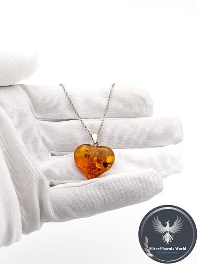 Natural Baltic Amber Heart 925 Silver Necklace