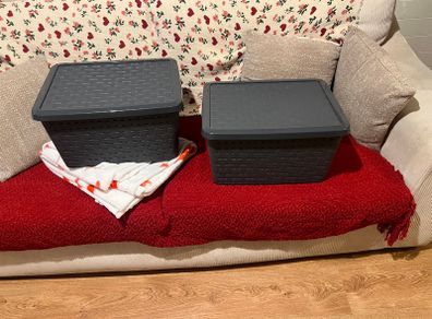 Grey storage boxes with lids