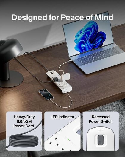 Extension Lead with USB Slots x 2 (2.4 A Shared), 8 Way/8 Plug Extension, 2m Surge Protected Power Strip - White