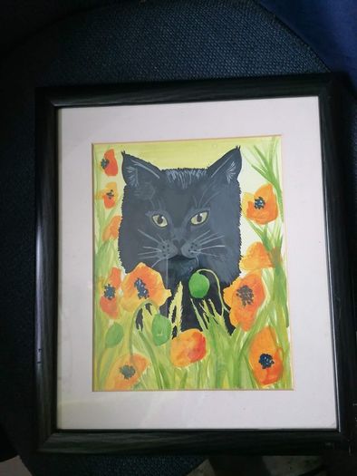 Poppy Field Feline Original Watercolour Painting