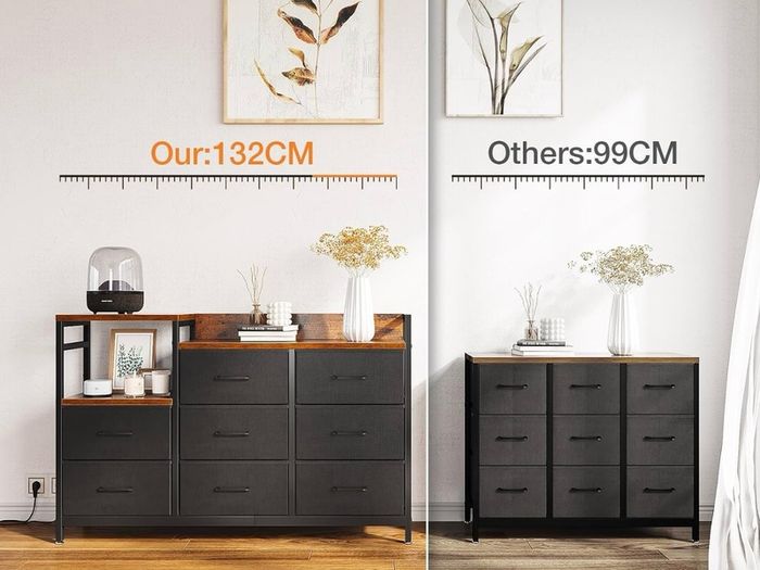 Chest of Drawers Bedroom, 8 Fabric Drawers, Retro Color, 30x132x88cm Contains 2 USB & 2 AC Ports Sockets, Storage Dresser with 8 Fabric Drawers Suitable for Bedrooms, Living Rooms