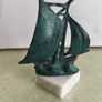 Vintage from the 1970s green matel could be copper  yacht, retro brass boat, brass figurine on marble plinth. could be uesed as  Paperweight, or decortive. Image 2