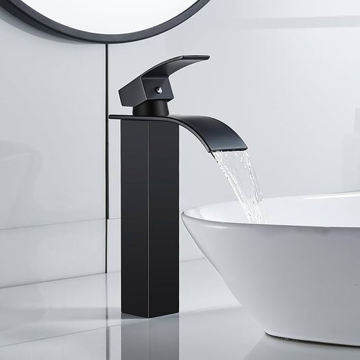 Waterfall High Rise Black Basin Mixer Taps, Square Monobloc Basin Tap, Single Handle Bathroom Sink Mixer Tap
