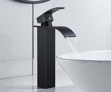 Waterfall High Rise Black Basin Mixer Taps, Square Monobloc Basin Tap, Single Handle Bathroom Sink Mixer Tap