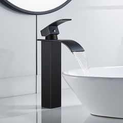 Waterfall High Rise Black Basin Mixer Taps, Square Monobloc Basin Tap, Single Handle Bathroom Sink Mixer Tap