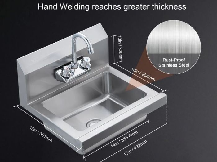 Commercial Stainless Steel Hand Wash Sink with Faucet, Wall-Mounted Utility Basin, 17 x 12.8 Inch for Restaurant, Kitchen, Bar, Garage & Home