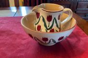 Nicholas Mosse Red lawn set of two , 4 inch jug and a 6 inch diameter bowl . Both have blemishes but perfect for  display