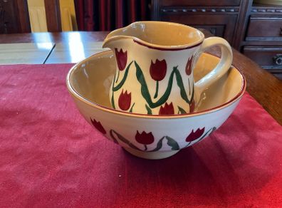 Nicholas Mosse Red lawn set of two , 4 inch jug and a 6 inch diameter bowl . Both have blemishes but perfect for  display