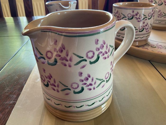 Nicholas Mosse Lavender starter set from Washington creek USA . Tea pot, two mugs , creamer and an oval platter . Pricing the set