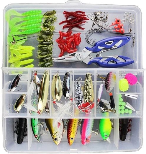 120 PCS Fishing Lures Mixed Including Spinners,VIB,Treble Hooks,Single Hooks,Swivels,Pliers and Tackle Box
