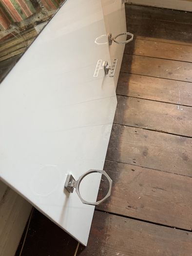Two original, Art Deco period wall mounted basin splashback with mirror and bathroom fixtures