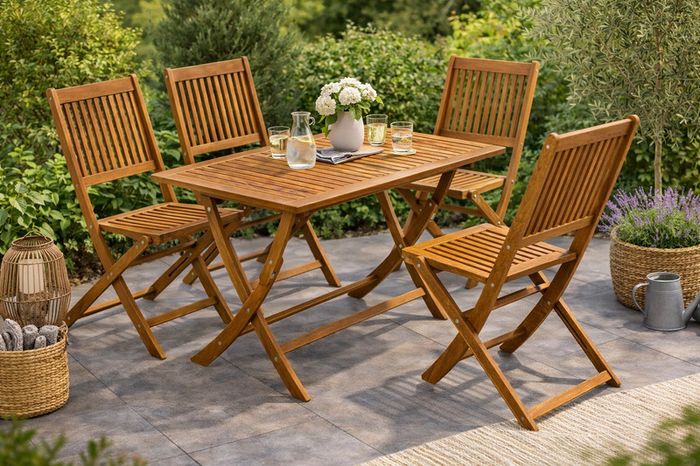 5 Piece Acacia Wood Garden Furniture Set Folding Table and 4 Chairs