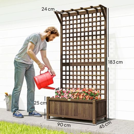 Raised Bed with Drainage Holes, Wood Planter with Trellis for Climbing Plants to Grow Vegetables, Flowers, Brown