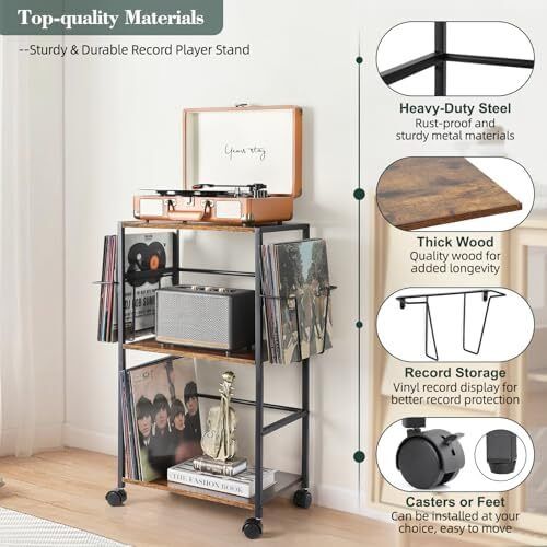Rolling Record Player Stand with Vinyl Storage for 150 Albums Turntable Side Table Cart with 2 Display Shelves