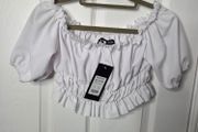 Brand new white off-shoulder smocked crop top with puff sleeves, size 6