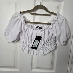 Brand new white off-shoulder smocked crop top with puff sleeves, size 6