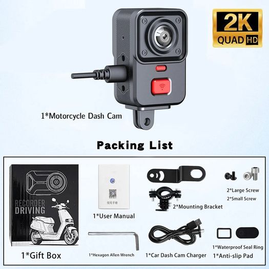 2K HD Dual Front and Rear Camera Motorcycle Motorbike Bike Helment Handlebar DVR WiFi Waterproof IP66 Single lens Loop Recording Cam Video Recorder Mountain Bicycle Motor