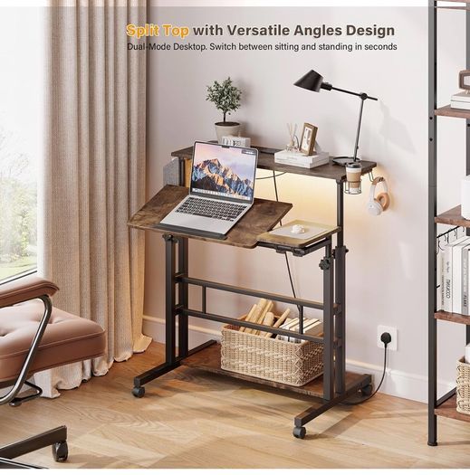 Standing Desk with Power Outlets & Strip Lights, Height Adjustable