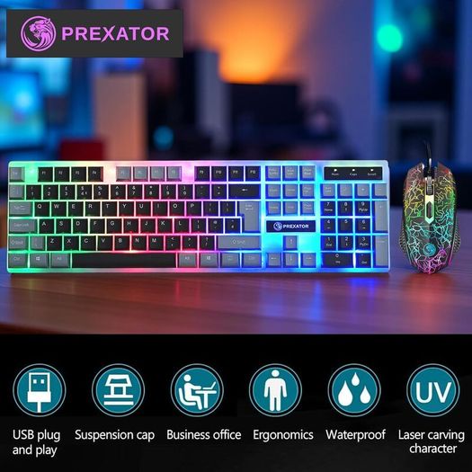 USB Wired Keyboard and Mouse Set, Luminous LED Lights, Full Size Slim Keyboard, LED Gaming Mouse, Game or Business, UK Layout, For PC, Laptop, Windows And Mac, PS4, PS5, Xbox One, etc (Retro)