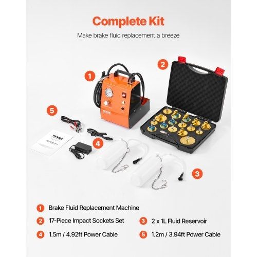 Electric Brake Bleeder Kit, Professional 220V Brake Master Cylinder Bleeder Kit with Pressure Gauge & Built-In Air Pump, Versatile Brake Bleeder Adapter Set for Both DC & AC Power