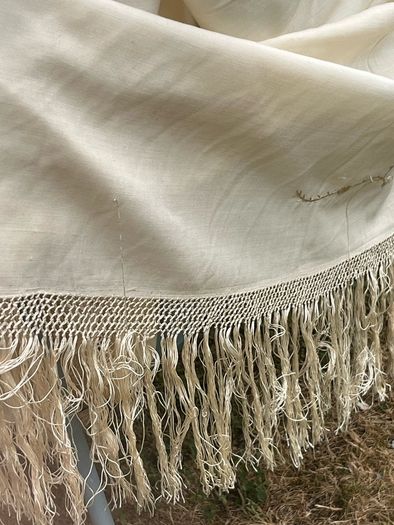 Antique Silk twill cream shawl embroidered deep fringe