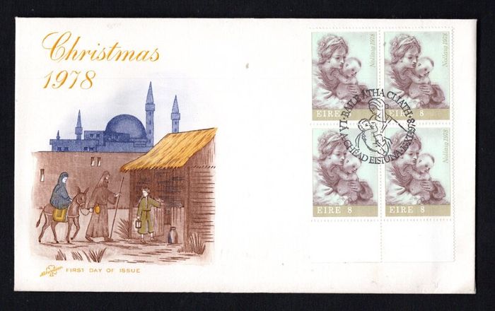 1978 Ireland Christmas 8p  "The Virgin and Child" (Guercino) Commemorative Stamp marginal block of 4 on Illustrated Hibernian First Day Cover (FDC)