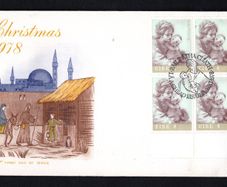 1978 Ireland Christmas 8p  "The Virgin and Child" (Guercino) Commemorative Stamp marginal block of 4 on Illustrated Hibernian First Day Cover (FDC)