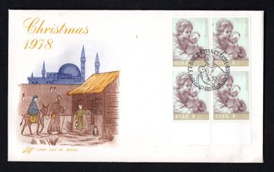 1978 Ireland Christmas 8p  "The Virgin and Child" (Guercino) Commemorative Stamp marginal block of 4 on Illustrated Hibernian First Day Cover (FDC)