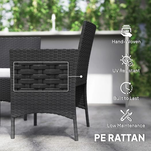 4 Piece Rattan Garden Furniture Sofa Set with Loveseat, Armchairs, Glass-Top Coffee Table and Cushions, Black