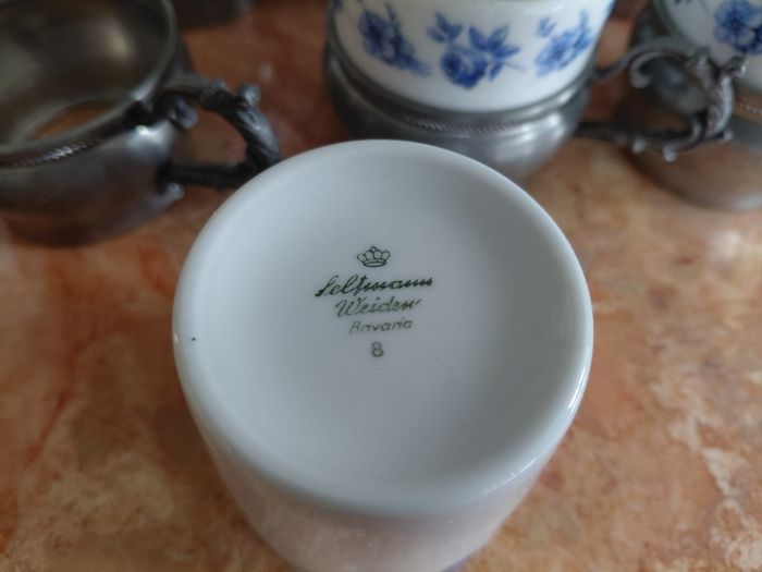 Antique Seltmann Weiden Bavaria set of 6 espresso cups with pewter holders