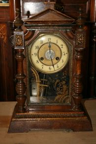 Victorian Walnut Shelf Clock. - (works well and keeps time) 9" x 5" H-9,4"