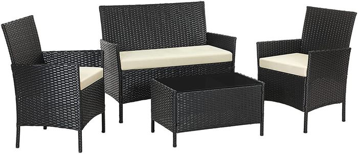 _Garden Lounge Set, Balcony Furniture Set for 4 People, 7 Pieces, with Table, Seat Cushion, Washable, Plastic, Flat Rattan Look, for Balcony or Patio