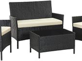 _Garden Lounge Set, Balcony Furniture Set for 4 People, 7 Pieces, with Table, Seat Cushion, Washable, Plastic, Flat Rattan Look, for Balcony or Patio