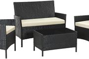 _Garden Lounge Set, Balcony Furniture Set for 4 People, 7 Pieces, with Table, Seat Cushion, Washable, Plastic, Flat Rattan Look, for Balcony or Patio