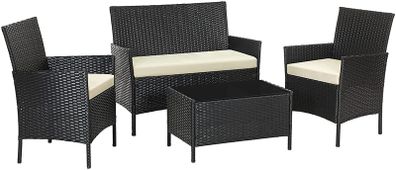 _Garden Lounge Set, Balcony Furniture Set for 4 People, 7 Pieces, with Table, Seat Cushion, Washable, Plastic, Flat Rattan Look, for Balcony or Patio