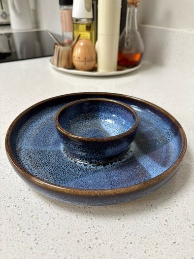 Irish Handmade Ceramic Dip Bowl / Speckled Blue Rustic Stoneware Chip & Crudite Platter