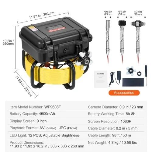 Sewer Camera, 98 ft/30m, Self-Leveling Drain Inspection Camera with 9" 1080P HD Screen, 36X Zoom, IP68 Waterproof Plumbing Camera with Lights-12 LED